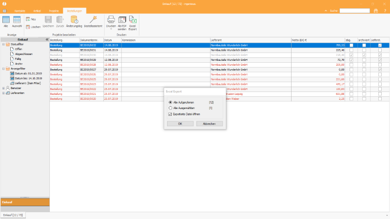 Auswahldialog für den Export der Bestellungen Liste nach Microsoft Excel