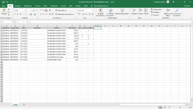 Exportierte Bestellungen Liste in Microsoft Excel